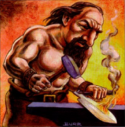 A dwarf forging a blade at an anvil