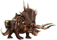 A triceratops mount decked out in partial barding and a saddle, from the game Neverwinter: Lost City of Omu.