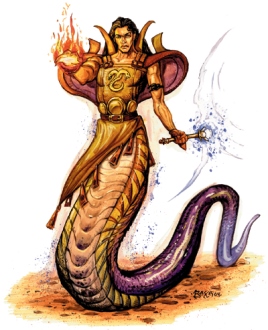 A yuan-ti halfblood mage with the lower torso of a snake. 