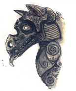 The head of an ornately carved stone wolf.