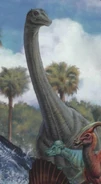 A Diplodocus towering over a Pachycephalosaurus and Parasaurolophus.[7]