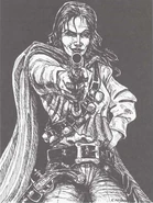 A female adventurer in the Domains of Dread wears a bandolier of smokepowder flasks.