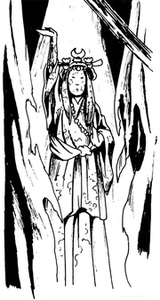 The statue of the Great Goddess of the Rising Sun still standing in the ruined temple on Miyashima.