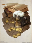 Some books lay open next to a tankard of ale.