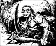 A giant rhinoceros beetle is pulled by a hill giant with a chain leash.