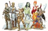 Left to right: an aasimar, an earth genasi, an air genasi, a water genasi, a fire genasi, and a tiefling.