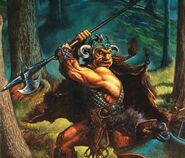 A firbolg wields a halberd against an adventurer.