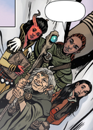 Captain Dawn looms behind his companions, Sylvira Savikas, Shandeir, and Falaster Fisk.