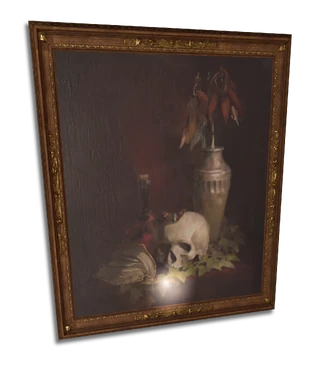 A painting depicting a butterfly perched atop a skull.