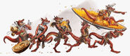 A group of thieving kobolds try to haul away their loot on a shield.