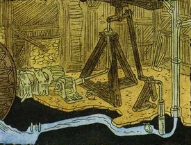 Cutaway view of the pump turned by the waterwheel to feed the brewing vats.