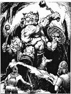 Two fomorians, wielding flails and shields, confront a group of adventurers.