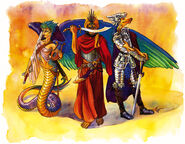 Three otherworldly adventurers, a lillend, a janni, and a hound archon.