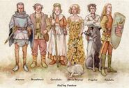 "Sheela Peryroyl, depicted with her fellow members of the halfling pantheon."