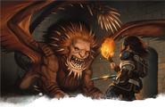 An adventurer wearing a backpack and carrying a torch faces down a manticore on the Dungeon Level of Undermountain.