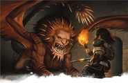 An adventurer wearing a backpack and carrying a torch faces down a manticore on the Dungeon Level of Undermountain.
