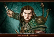 Promotional wallpaper of a halfling rogue throwing a dagger.