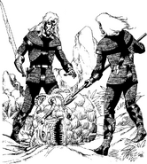 Illustration of two drow standing over a defeated beholder.