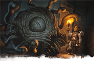 A halfling adventurer wearing a backpack comes across a petrified beholder in Undermountain.