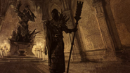 Rezlus approaching a statue of Bane.