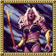 A female drow with a polearm.