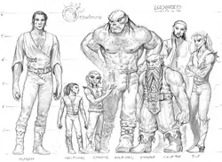 3rd-edition concept art showing a male half-orc and other races with a height chart.