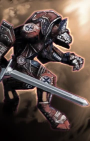 A fierce minogon brandishing a sword.