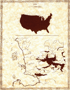 A map of the Earth nation known as the United States, above a partial map of Faerûn to give a sense of the size of the Realms.