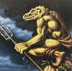 A trident-wielding lizardman.