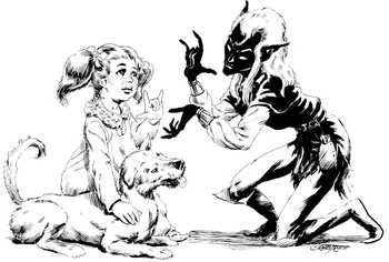 Tira, a deaf-mute girl, with her hearing-ear dog Bounder and learning Drow Sign Language from her tutor, Dusk.