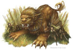 A foo lion defending young eladrin.