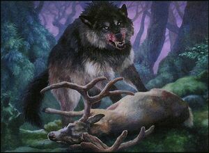 A dire wolf and its prey as depicted in Adventures in the Forgotten Realms, by Alessandra Pisano.