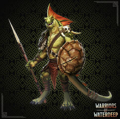 A fierce lizardfolk armed with a makeshift spear and a turtle shell shield.