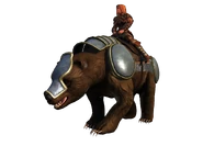A brown bear being used as a mount and adorned in barding, from Neverwinter
