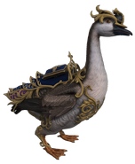 A mighty giant gnome-trained gilded goose from the Feywild, summoned to Neverwinter by Earl the Chickenmancer.