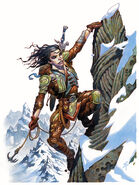 A female adventurer climbs a mountain with a grappling hook.