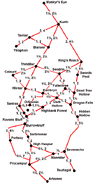 Travel times along major Vastian roads, first number – days horseback, second – days by foot.