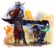 A sword-wielding kyton stands next to an avoral.