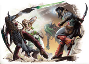 From left to right: a psychic warrior with graft weapon active, a telepath, and a kineticist are stunned by an illithid's mind blast.