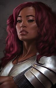 A human female paladin, as depicted in Baldur's Gate: Siege of Dragonspear.