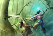 Travelers fending off a flying snake and a dark tree in the Wood of Dark Trees.