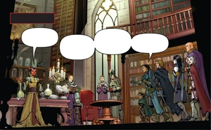 Sylvira welcoming into her study the Heroes of Baldur's Gate.