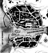 A map of the city of Zazesspur, showing the Sulduskoon River emptying into the Bay of Bormul.