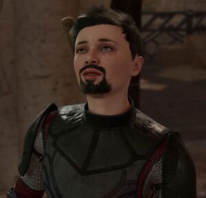 Vlomina ,a gold dwarf citizen of Baldur's Gate, with her facial hair trimmed into a goatee.
