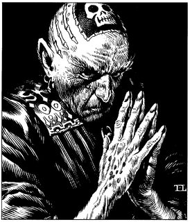 Maligor’s tattoo: flame, a common symbol of the , and a white skull on a black triangle, a symbol of 