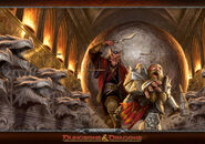 Promotional wallpaper of a dwarf and a tiefling caught in a trap.