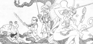 A gorbel is fought by a brownie and sprite, while a sylph admires herself in a mirror.