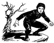 Pale-skinned human form, ready to leap.