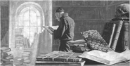 A scholar examining books in a library.