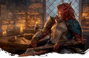 A red dragonborn sell-sword waits for a client.